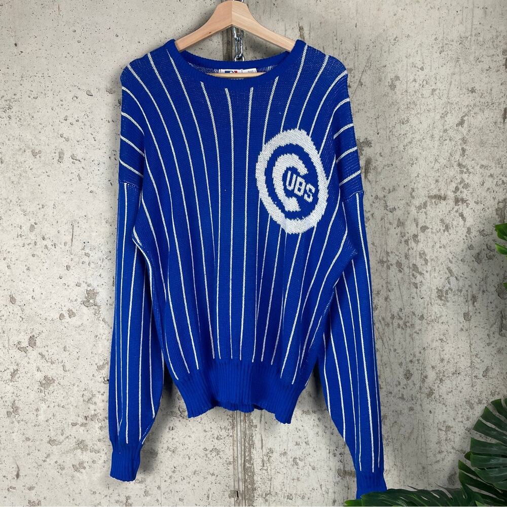 Vintage Chicago Cubs Pinstripe Cliff Engle Made In USA Large 80s Knit Sweater